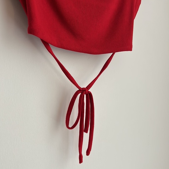 Princess Polly Red Ribbed Tie Back Cropped Shirt - Picture 5 of 9